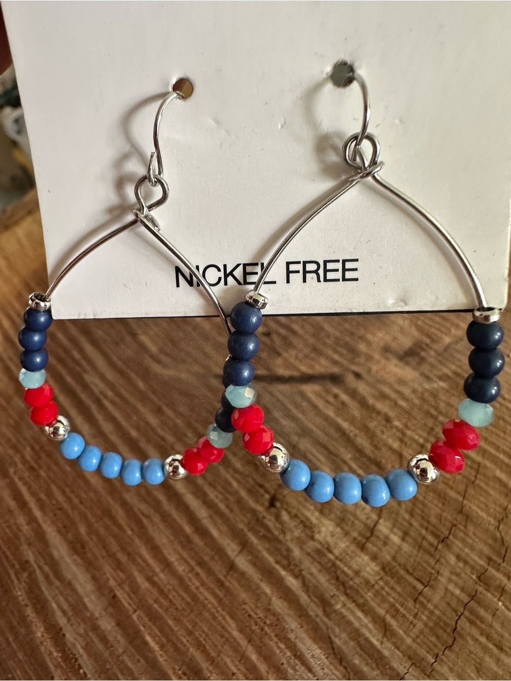 Northern Reflections Multicolor Beaded Hoop Earrings - Navy, Light Blue & Red - Picture 3 of 3